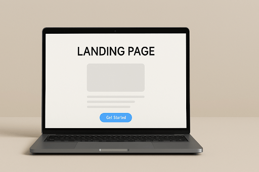 طراحی صفحه فرود برای افزایش نرخ تبدیل-نمایی از یک لپتاپ با صفحهای باز که یک طراحی ساده از صفحه فرود (Landing Page) با دکمه آبی Get Started نمایش داده شده است.