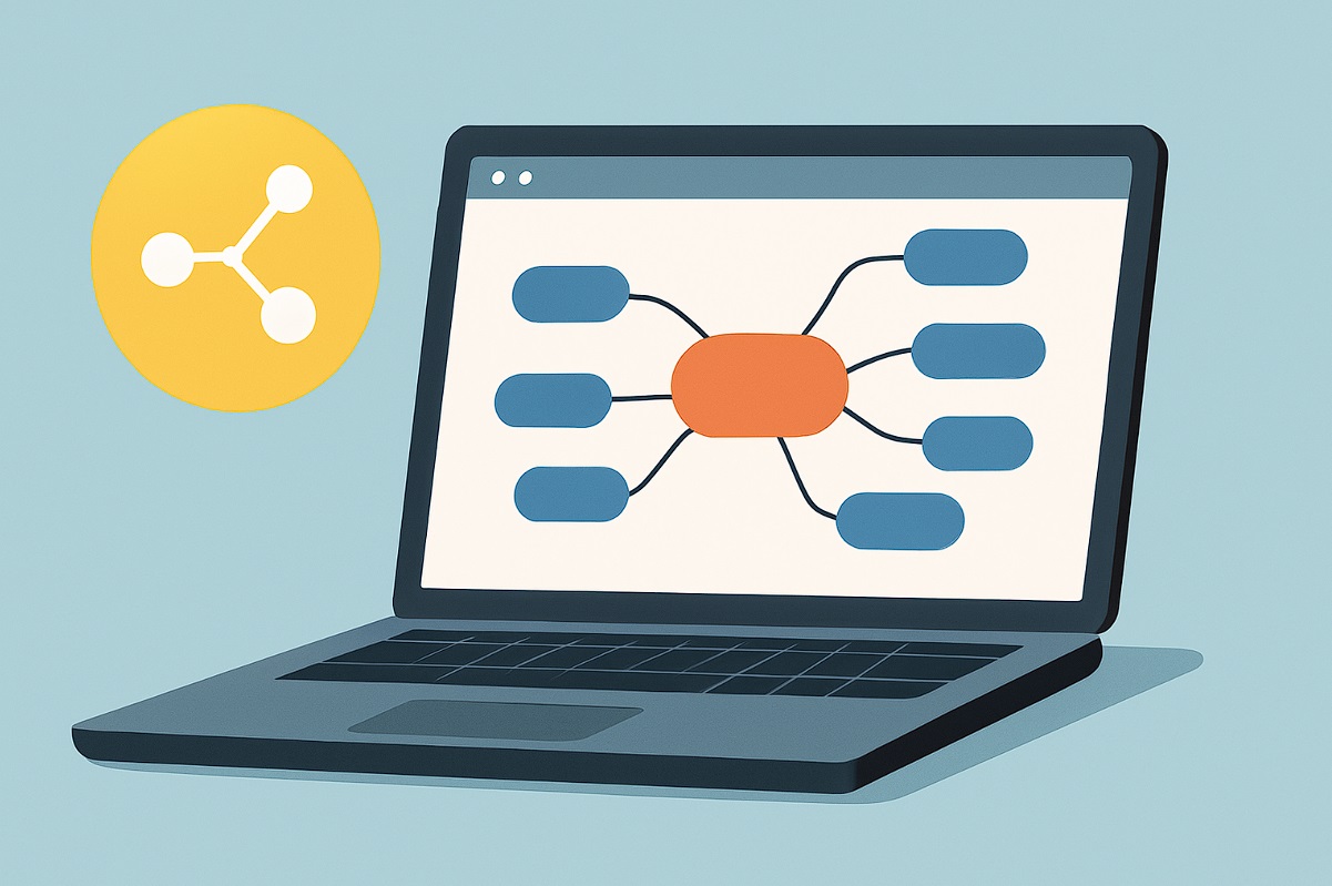 هوش مصنوعی نوت بوک الام - تصویر دیجیتالی مینیمالیستی از لپتاپی که روی صفحه آن یک نقشه ذهنی ساده با گره مرکزی نارنجی و شاخههای آبی نمایش داده شده؛ در کنار آن، آیکونی زردرنگ با نماد ذهننگار دیده میشود. تصویر نمایانگر فرآیند تبدیل محتوا به نقشه ذهنی در یک فضای مدرن و سازمانیافته است.