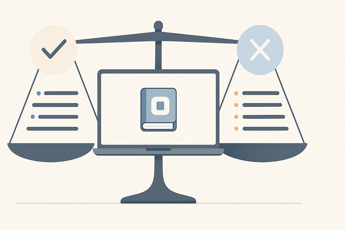 آموزش هوش مصنوعی- تصویر مینیمالیستی از ترازو که مزایا و معایب یک نرمافزار را در دو کفه نشان میدهد؛ لپتاپ در مرکز تصویر بهعنوان نقطه تعادل با آیکون دفترچه یادداشت دیجیتال نمایش داده شده و در دو طرف، لیستی از مزایا با تیک و لیستی از معایب با علامت ضربدر دیده میشود.