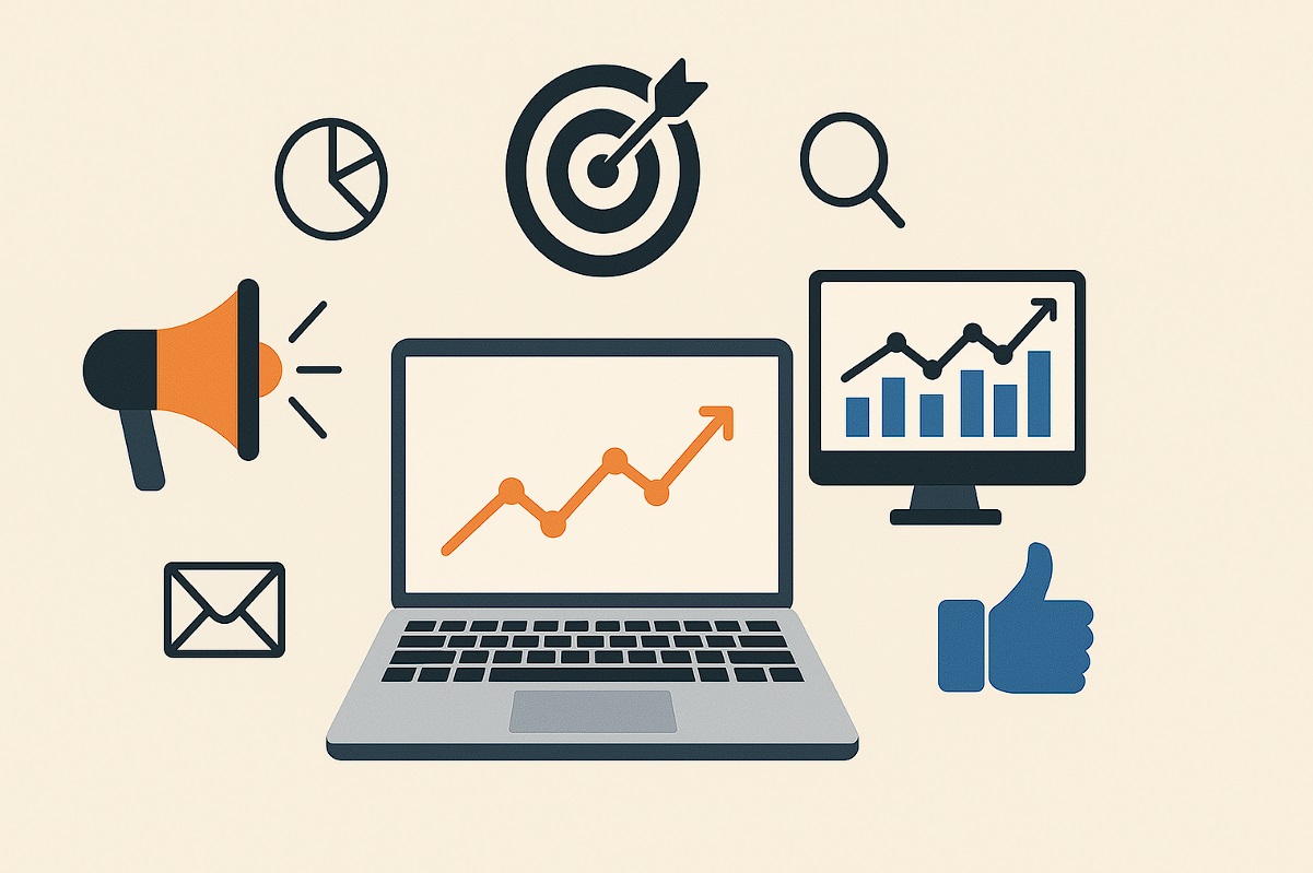 دیجیتال مارکتینگ- تصویر مینیمالیستی از لپ‌تاپ با نمودار رشد در مرکز، همراه با آیکون‌هایی از ابزارهای دیجیتال مارکتینگ مانند نمودار تحلیلی، هدف‌گذاری، ایمیل، بلندگو، و لایک؛ نمایش‌دهنده تأثیر دیجیتال مارکتینگ بر بهبود عملکرد کسب‌وکار.