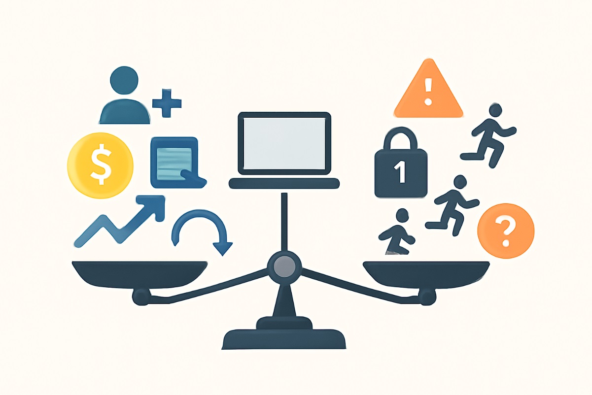 دیجیتال مارکتینگ- تصویر مینیمالیستی افقی از یک ترازوی تعادلی که مزایا و معایب دیجیتال مارکتینگ را نشان می‌دهد؛ در یک کفه آیکون‌های نماد فرصت شغلی، درآمد، رشد و فناوری و در کفه دیگر آیکون‌های هشدار، قفل، رقابت و ابهام دیده می‌شود.