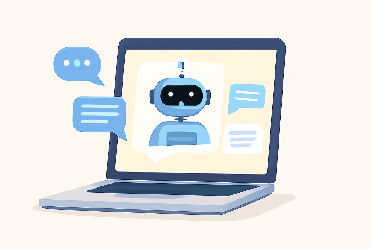 چت بات ایرانی و خارجی- تصویر مینیمالیستی افقی از لپ‌تاپی با صفحه نمایشی که یک ربات چت بات ساده و دوست‌داشتنی به همراه حباب‌های گفت‌وگوی ملایم در حال پاسخگویی است؛ طراحی با رنگ‌های آبی، خاکستری و سفید.