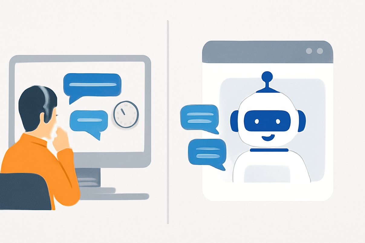 چت بات ایرانی و خارجی- تصویر مینیمالیستی افقی که در سمت چپ یک اپراتور انسانی پشت کامپیوتر با آیکون ساعت به نشانه محدودیت زمانی و در سمت راست یک ربات چت بات هوشمند با چند حباب گفتاری همزمان نمایش داده شده است؛ تصویر تمایز بین چت آنلاین سنتی و هوش مصنوعی را نشان می‌دهد.
