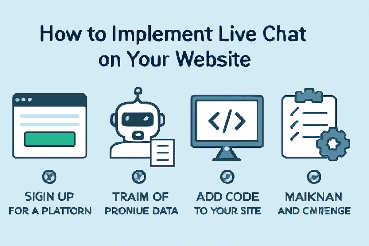 چت بات ایرانی و خارجی- اینفوگرافیک مینیمالیستی افقی با مراحل پیاده‌سازی چت آنلاین روی وب‌سایت شامل ثبت‌نام، آموزش چت بات، اضافه کردن کد به سایت و نگهداری و بهینه‌سازی؛ همراه با آیکون‌های مرتبط و طراحی ساده و رنگ‌های ملایم.