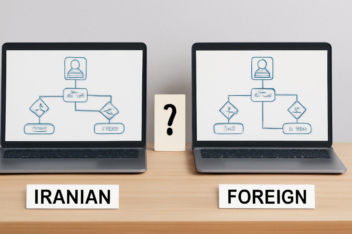 پلتفرم اتوماسیون بازاریابی- A comparison between Iranian and foreign marketing automation platforms displayed on laptops with workflow diagrams, emphasizing the differences in their approaches.