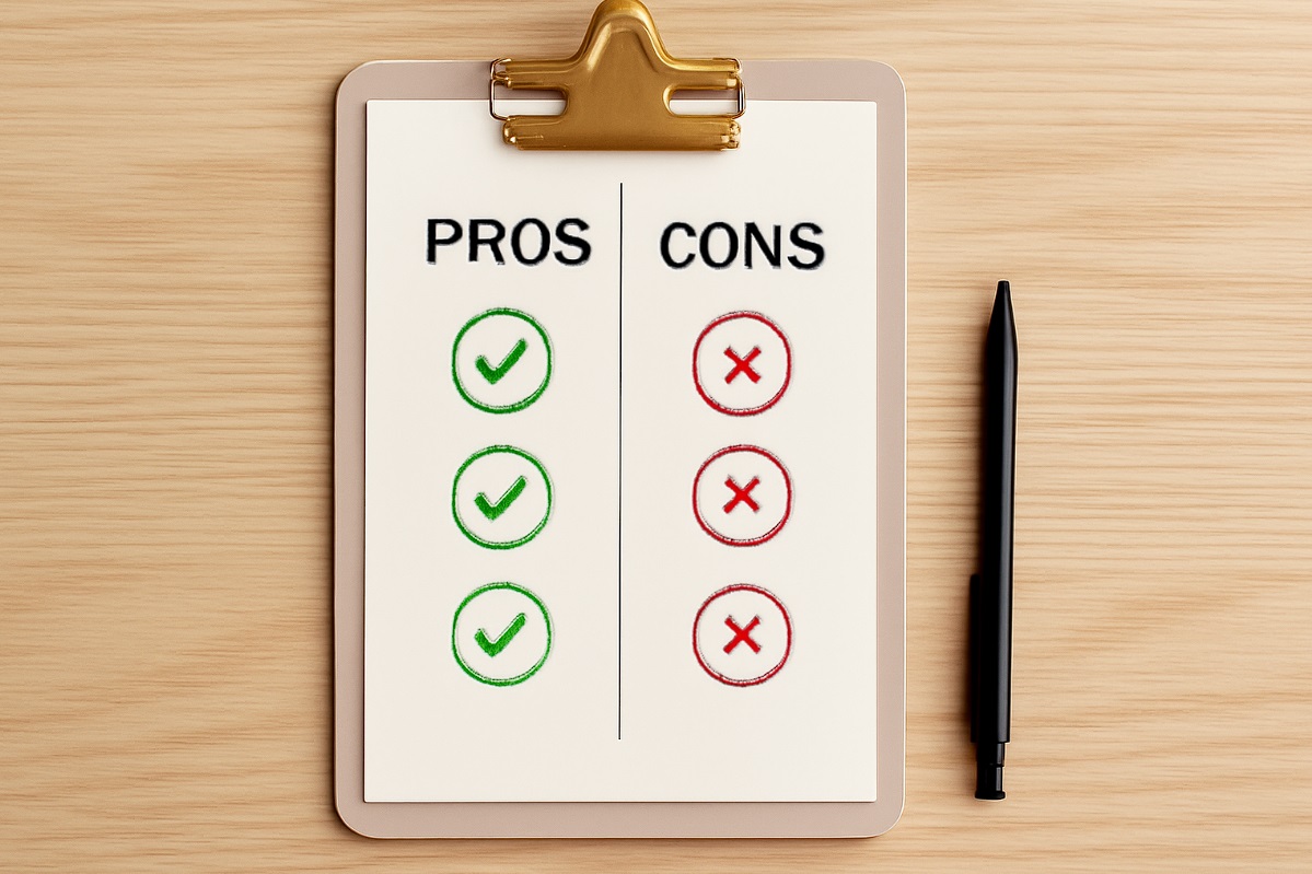 پلتفرم اتوماسیون بازاریابی- A minimalist image featuring a clipboard with a pros and cons list comparing the advantages and limitations of Iranian marketing platforms versus foreign alternatives, with green checkmarks for pros and red X marks for cons.