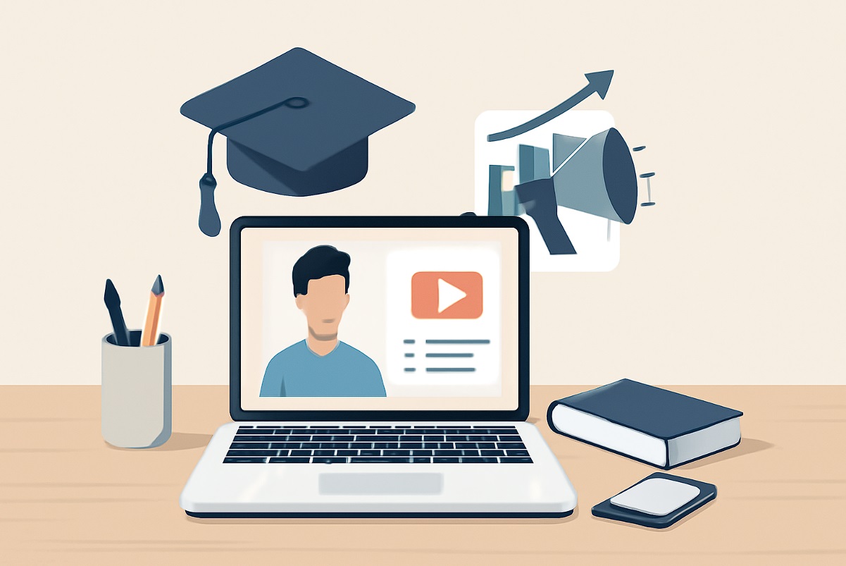 دیجیتال مارکتینگ در ایران- A minimalist digital illustration depicting online digital marketing education, with a laptop showing a male instructor, educational icons, and desk items, set against a neutral background.