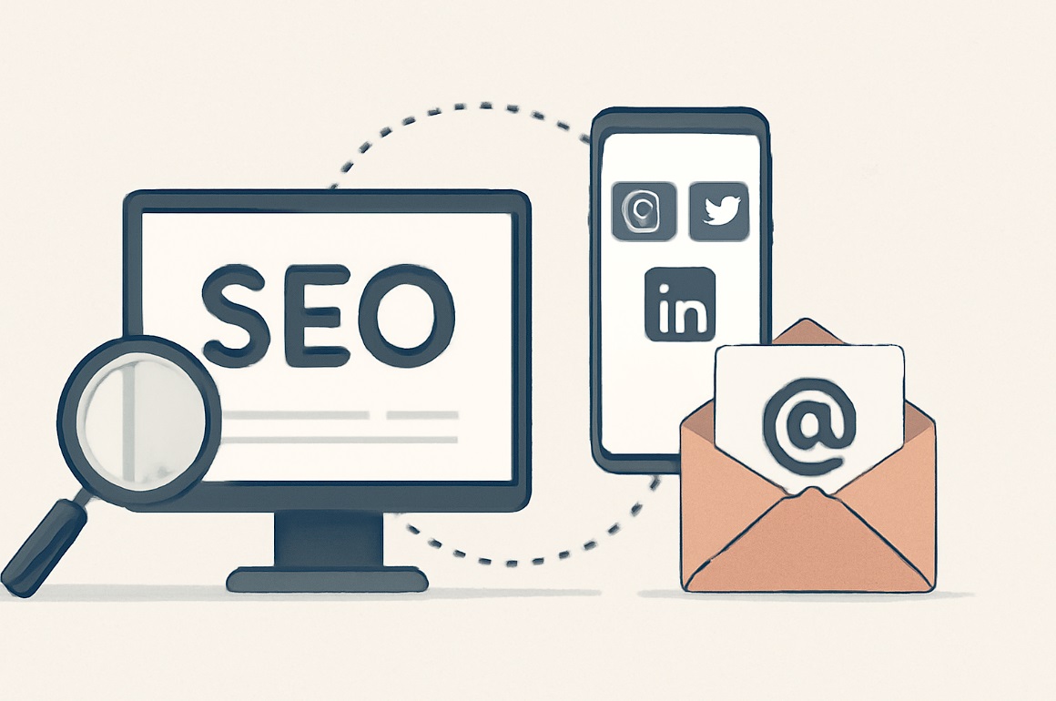  دیجیتال مارکتینگ در ایران- A minimalist digital illustration showcasing key digital marketing tools: SEO, social media marketing, and email marketing, with visual elements such as a computer screen, smartphone with social media icons, and an open envelope containing an email symbol.