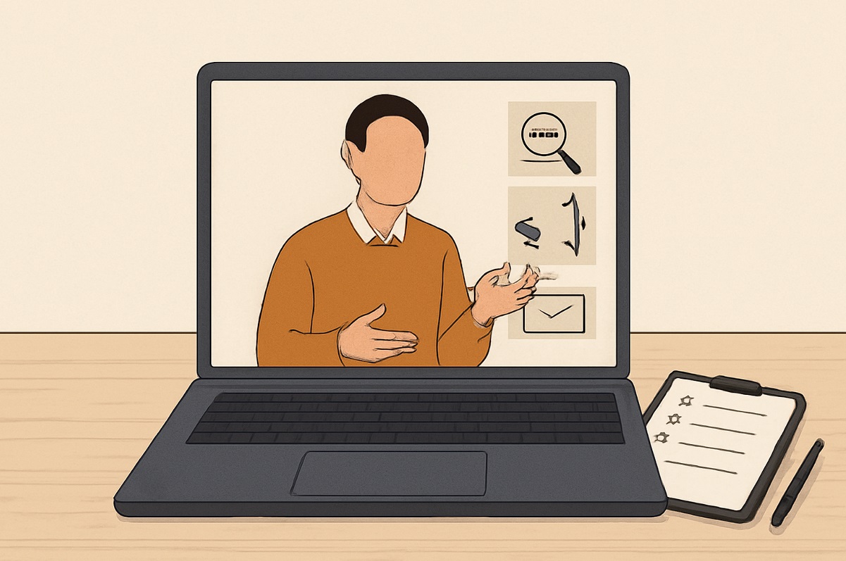 دیجیتال مارکتینگ در ایران- A minimalist digital illustration showcasing an online digital marketing training session, with a faceless male instructor in an orange sweater gesturing towards digital marketing icons, placed beside a clipboard with a checklist, all set against a simple, warm-toned background.