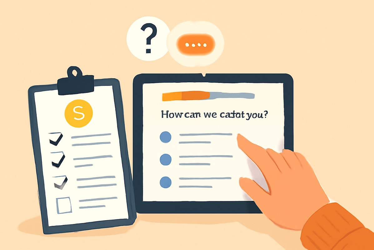 فرم‌ساز آنلاین- A minimalist digital illustration showing a hand interacting with a tablet displaying a multi-step survey form, with checkable options on a clipboard beside it, all set against a warm beige background, symbolizing an interactive and user-friendly form design.