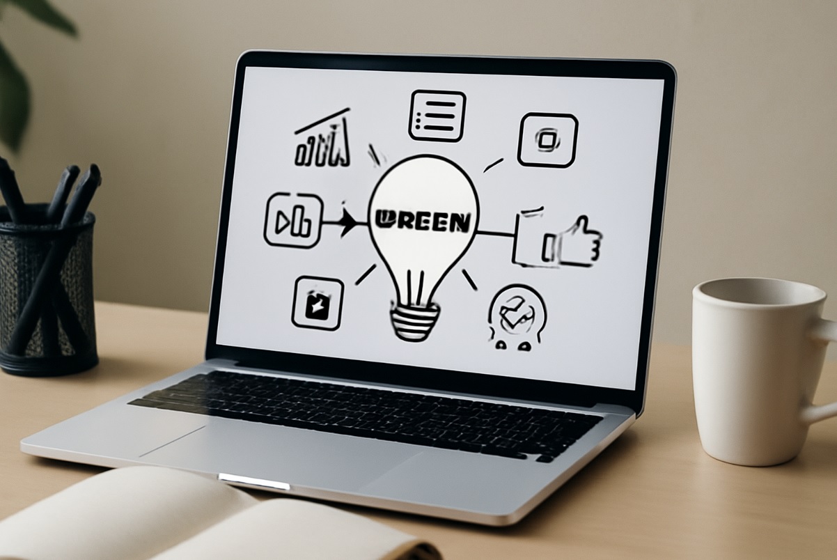 هوش مصنوعی نوت بوک الام - A sleek laptop on a tidy desk showing a lightbulb icon surrounded by various marketing-related symbols, representing the use of NotebookLM to boost marketing speed, content variety, and business process optimization.