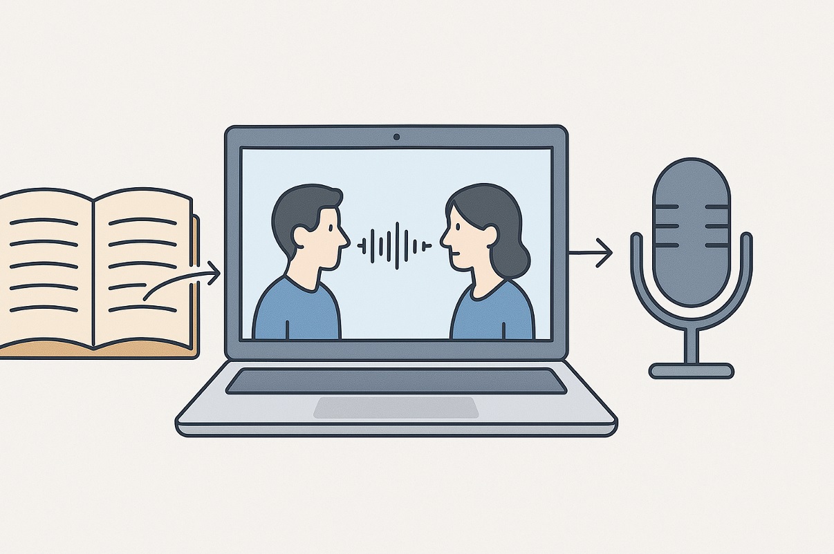 هوش مصنوعی نوت بوک الام - تصویر مینیمالیستی افقی از لپتاپ با صفحه نمایش استودیو پادکست که تبدیل محتوای کتاب یا مقاله به پادکست گفتگویی بین مرد و زن را نشان میدهد؛ شامل آیکونهای میکروفون، کتاب و خطوط جریان تبدیل محتوا