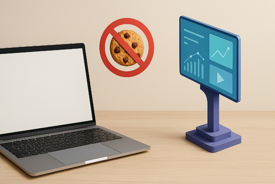 آینده تبلیغات دیجیتال بدون کوکی-لپ‌تاپی روشن در کنار نماد ممنوعیت کوکی و بیلبورد دیجیتال مدرن با نمودارها، نمادی از آینده تبلیغات بدون کوکی