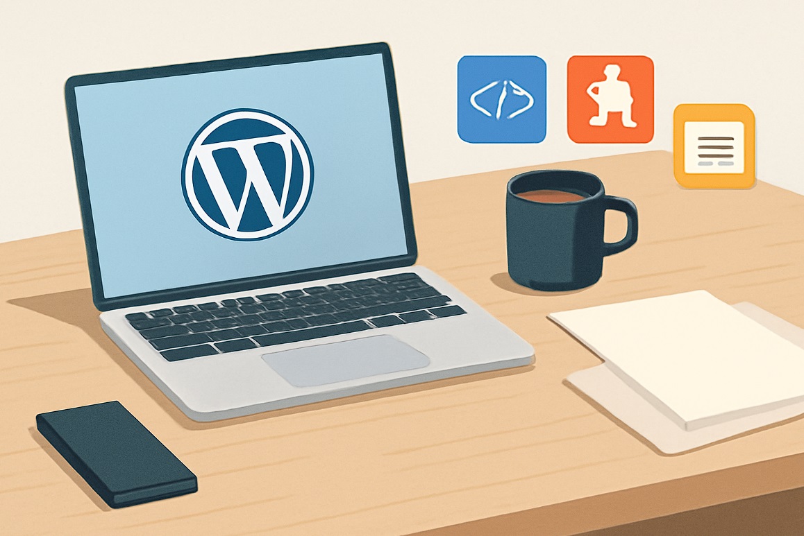 وردپرس در ایران- تصویر مینیمالیستی و واقعی از میز کاری مدرن با لپ‌تاپ نقره‌ای که لوگوی وردپرس را روی صفحه نمایش نشان می‌دهد، فنجان قهوه مشکی، گوشی هوشمند و برگه‌های کاغذ روی میز چوبی روشن، همراه با سه آیکون رنگی بالای برگه‌ها که نمایانگر برنامه‌نویسی، کاربر و مدیریت مستندات هستند.