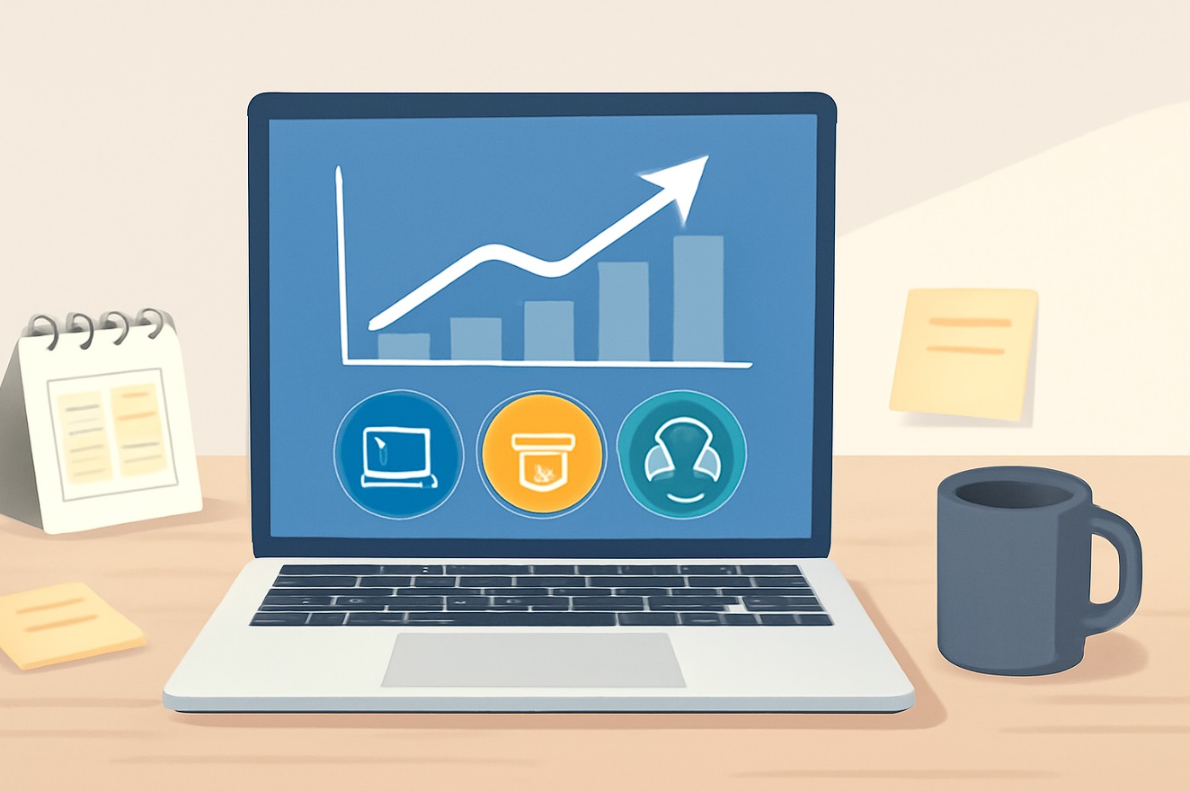 وردپرس در ایران- تصویر مینیمالیستی و واقع‌گرایانه از میز کاری مدرن با لپ‌تاپ که نمودار رشد درآمد و آیکون‌های مرتبط با فریلنسینگ، فروش محصولات و خدمات پشتیبانی را روی صفحه نمایش نشان می‌دهد، همراه با تقویم رومیزی، یادداشت‌های چسبان و فنجان قهوه روی میز چوبی روشن با نور طبیعی نرم.