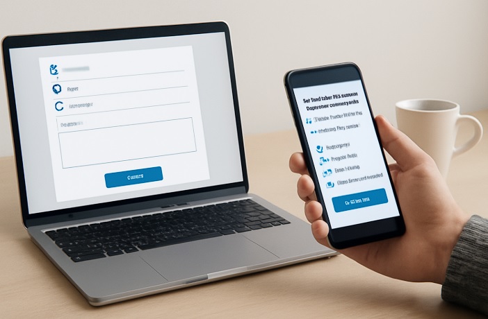 فرم‌ساز آنلاین، یک عکس دیجیتال که یک میز مینیمالیستی و تمیز را نشان می‌دهد با لپ‌تاپی که فرم آنلاین را در سمت چپ نمایش می‌دهد و گوشی هوشمندی که نظرسنجی رضایت مشتری را در سمت راست نشان می‌دهد. یک فنجان قهوه نیز در کنار آن قرار دارد و پس‌زمینه به‌طور نرم و ملایم روشن است که جو آرام و حرفه‌ای ایجاد می‌کند.