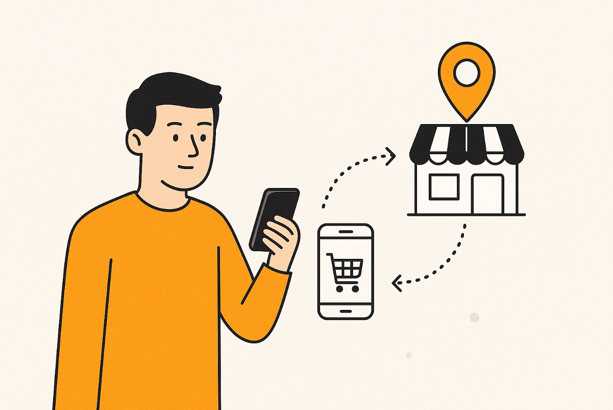  تصویری ساده از تعامل یک کاربر با موبایل که خرید آنلاین را به فروشگاه فیزیکی متصل می‌کند، نماد تبلیغات O2O و پیوند دنیای دیجیتال با تجربه حضوری.