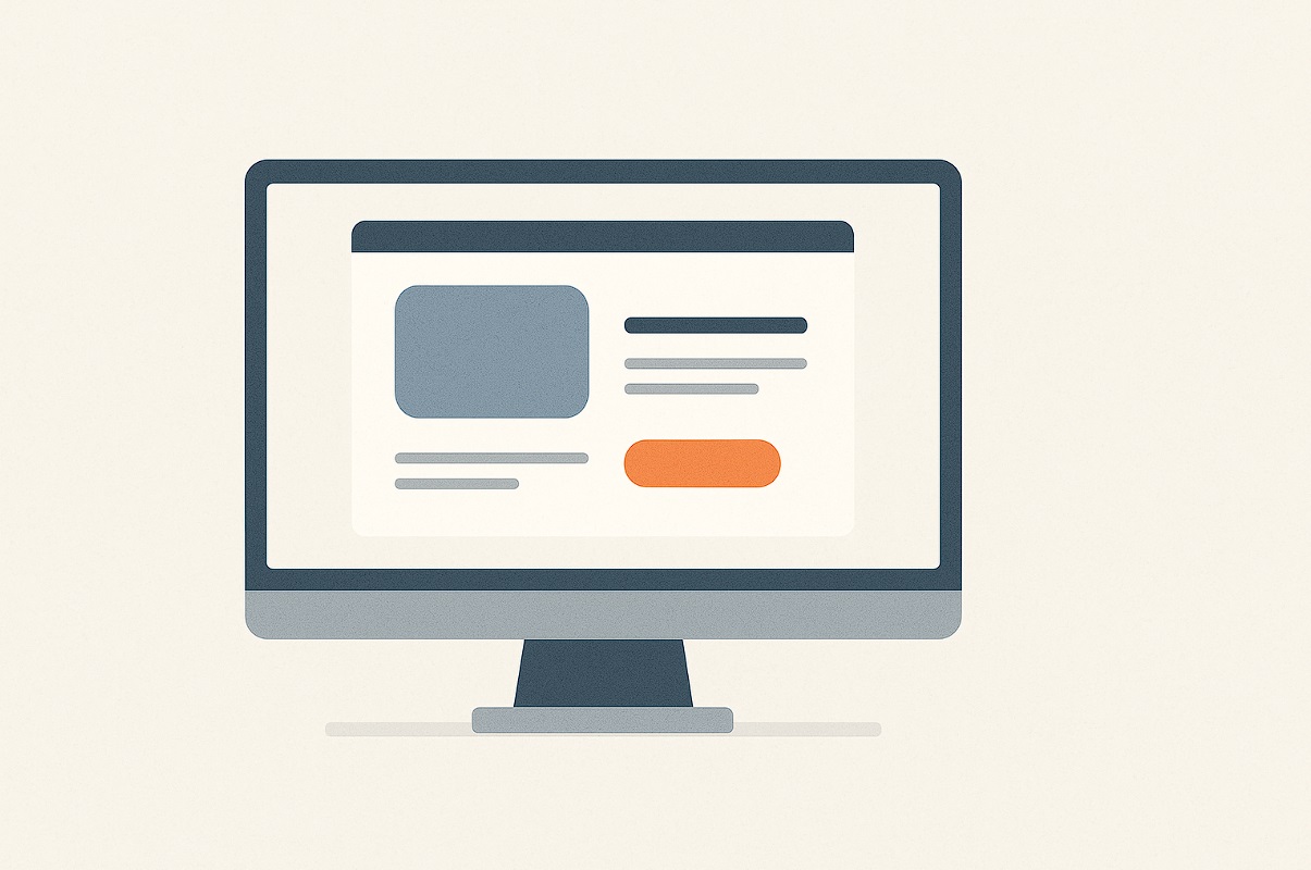 طراحی صفحه فرود-تصویری ساده و مینیمالیستی از یک مانیتور که طراحی یک صفحه فرود مدرن با دکمه فراخوان عمل (CTA) را نمایش میدهد.