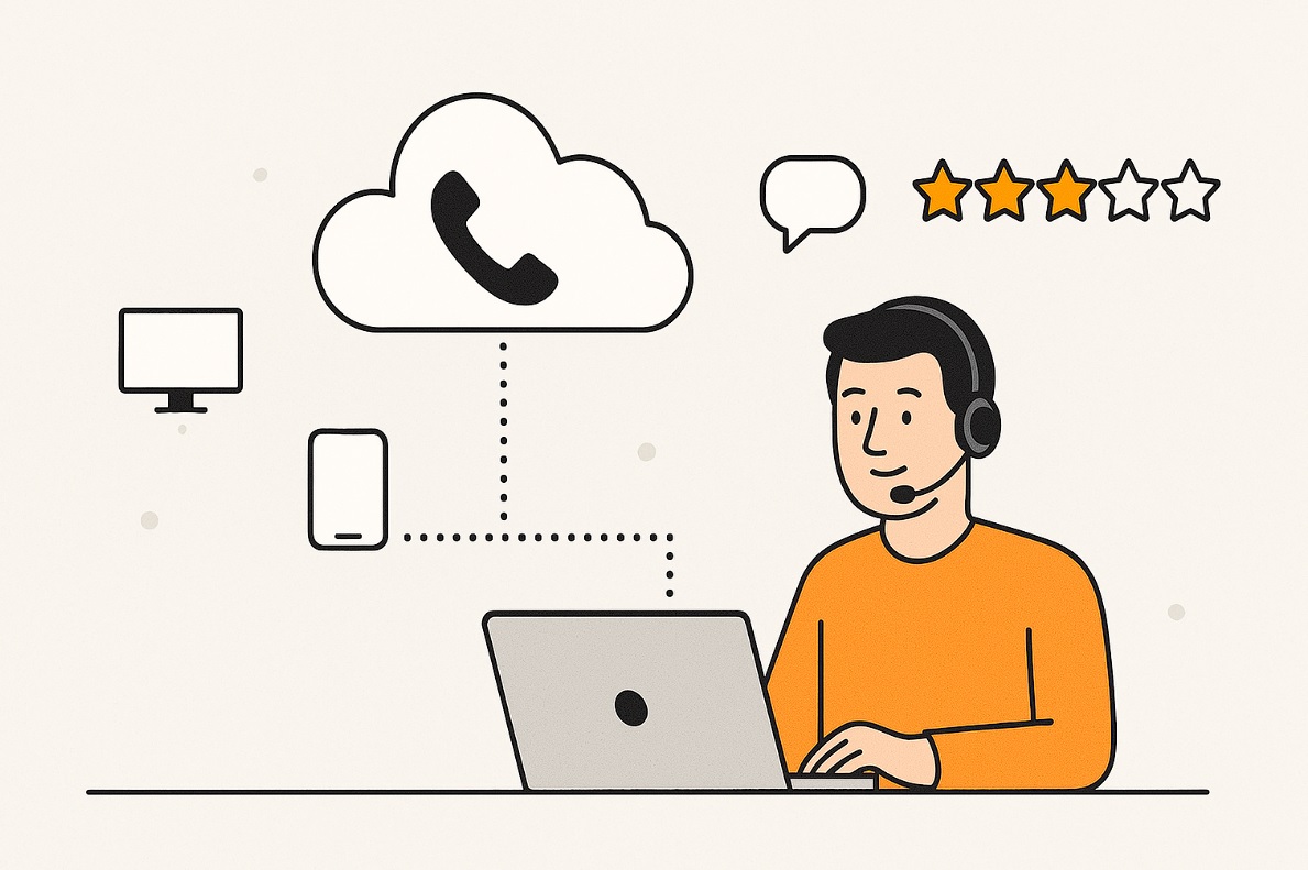 مراکز تلفن ابری-نمایی مینیمالیستی از اپراتور پشتیبانی با هدست، متصل به سرویس تلفن ابری، نشان‌دهنده تجربه کاربری یکپارچه و چندکاناله.