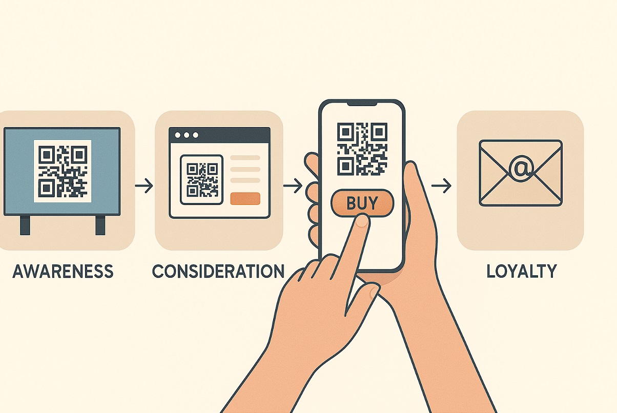 نمایی ساده و کاربردی از مسیر سفر مشتری با تبلیغات O2O شامل آگاهی، بررسی، خرید و وفاداری با تمرکز بر استفاده از QR کد.