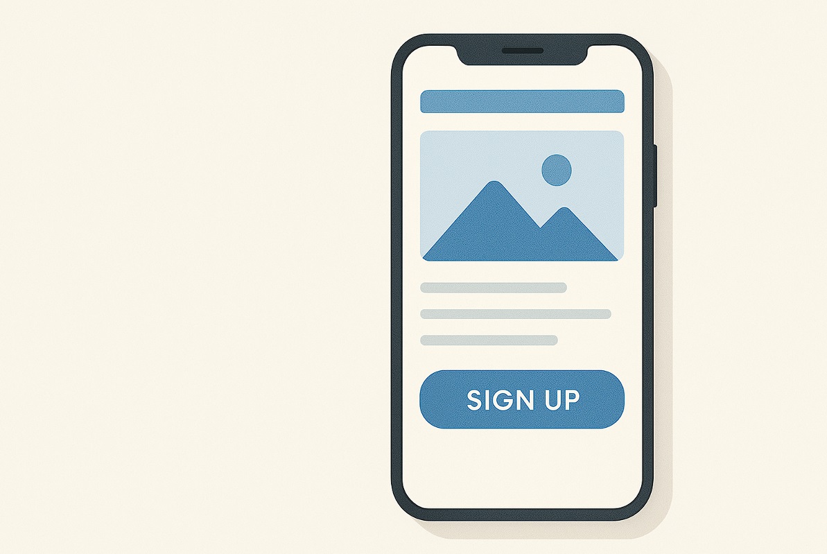 طراحی صفحه فرود- طراحی ساده و متمرکز یک صفحه فرود روی موبایل با فضای سفید مناسب، تصویر شاخص و دکمه واضح فراخوان به اقدام.