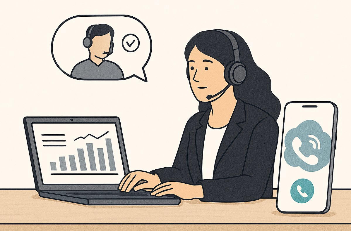 مراکز تلفن ابری-یک زن حرفه‌ای با هدست در حال پاسخگویی به تماس VoIP و مشاهده نمودارهای پشتیبانی مشتری در لپ‌تاپ در محیطی مدرن و مینیمال.