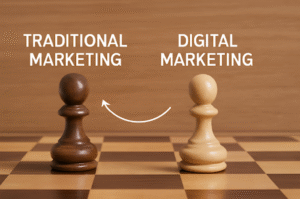 تعریف دیجیتال مارکتینگ- تصویری از صفحه شطرنج که رقابت مارکتینگ سنتی و دیجیتال مارکتینگ را نشان میدهد.